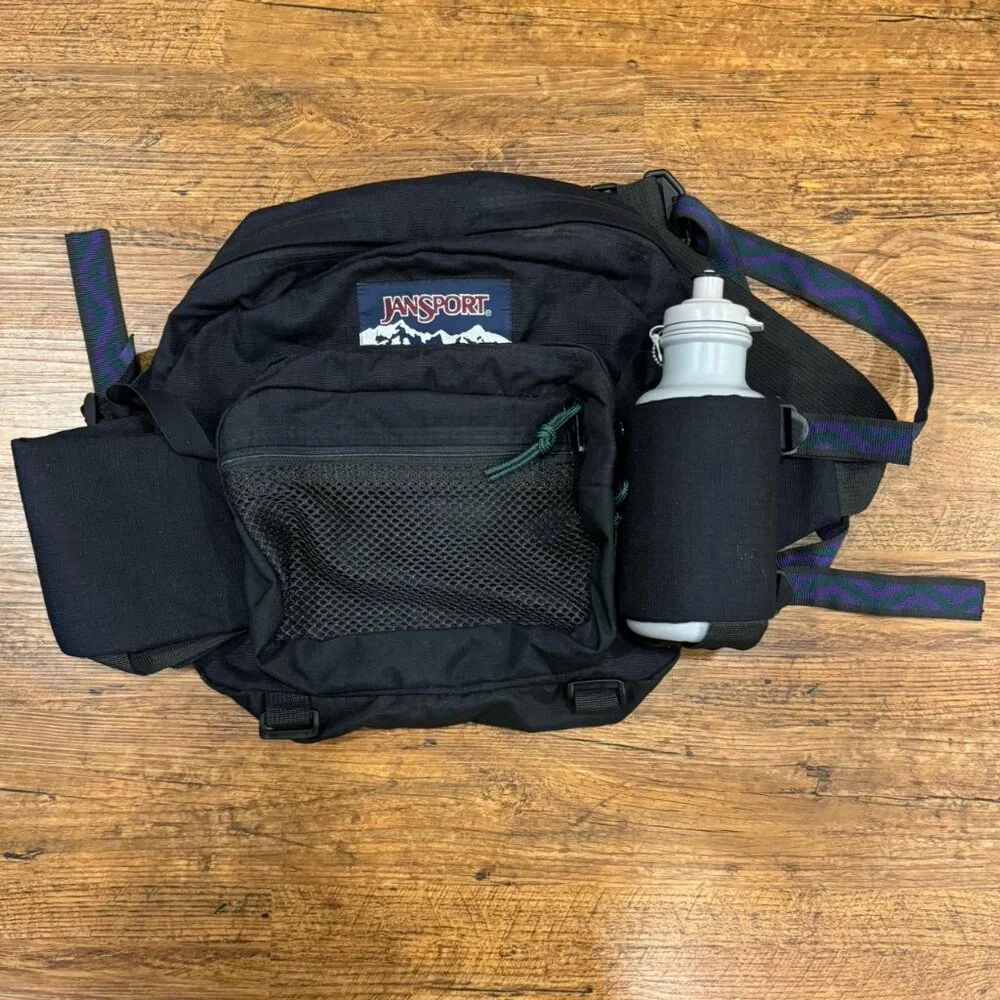 Vintage JanSport Black Large Outdoor Hiking Fanny Pack Waist Bag w/ Water Bottle